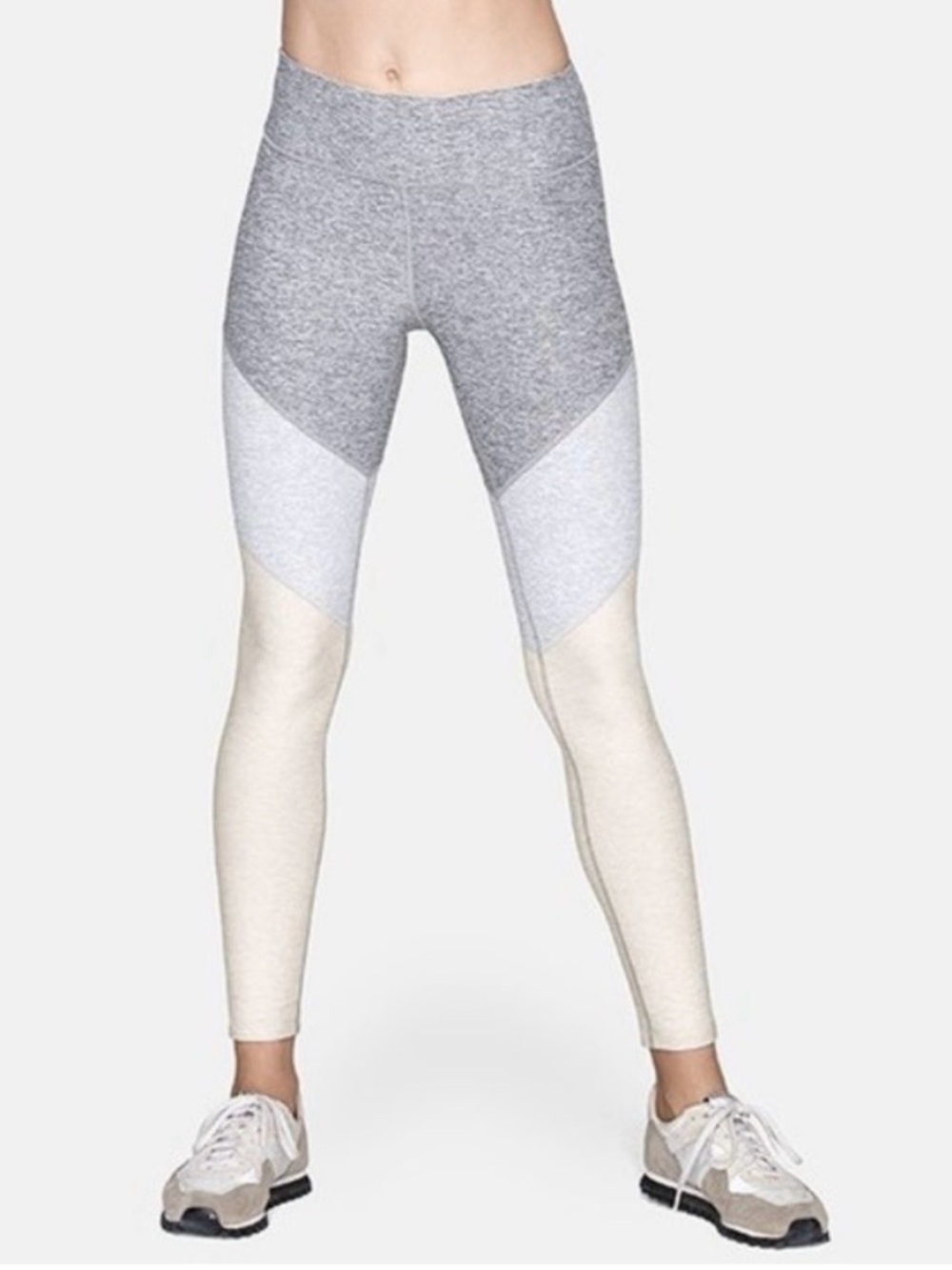 Outdoor Voices Tri-Tone High-Rise Leggings in Gray, Light Gray & Cream
